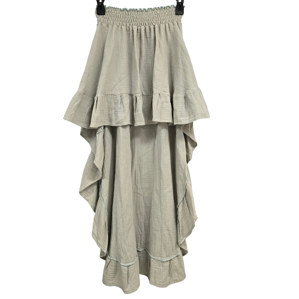 Mar del Agua Sage Green Cotton Gauze High Low Ruffle Skirt Smocked Stretch Waist